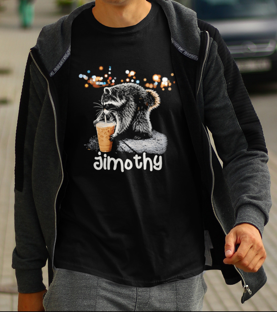 Jimothy Raccoon Sipping Iced Coffee Under Streetlights T-Shirt
