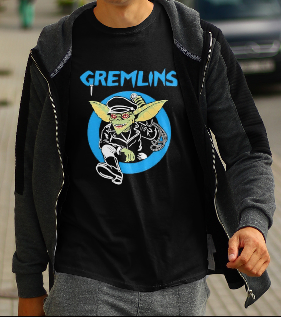 Gremlins Cartoon Leather Biker Gizmo Blue Circle T-Shirt