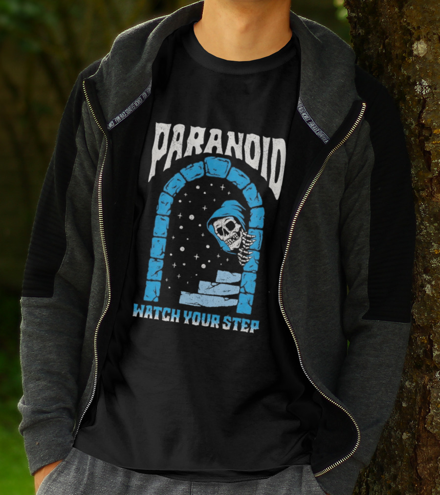 Paranoid Skeleton Peeking Stone Archway Your Step T-Shirt