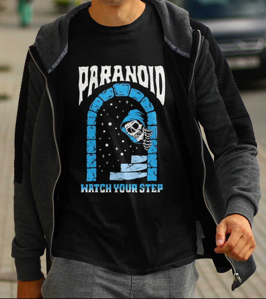 Paranoid Skeleton Peeking Stone Archway Your Step T-Shirt