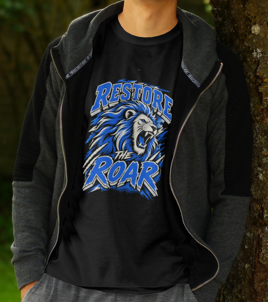 Restore The Roar Blue Lion Head With Halftone Scratch Marks T-Shirt