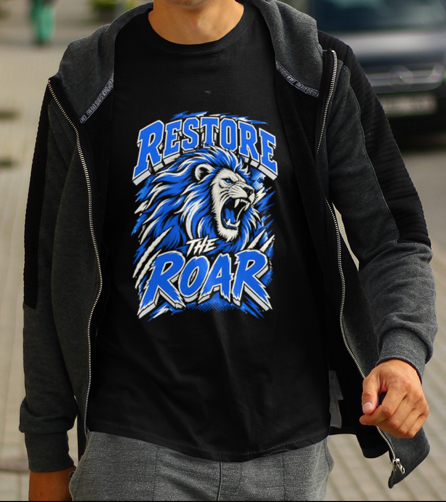 Restore The Roar Blue Lion Head With Halftone Scratch Marks T-Shirt