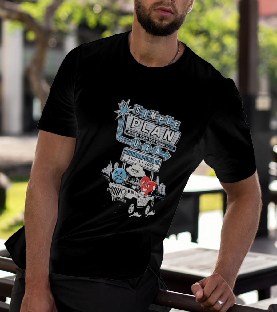 Simple Plan Indianapolis IN 2026 Bigger Than You Think Tour August 11 White River State Park USA Classic Car And Happy Heart T-Shirt