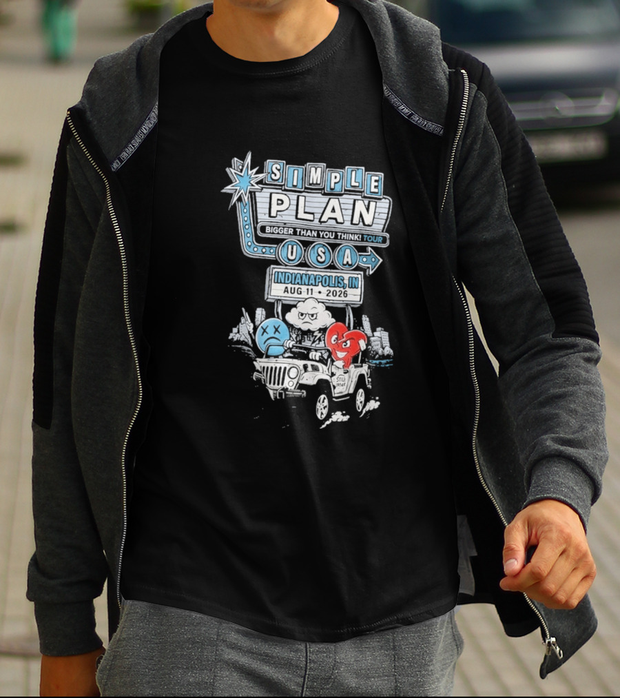 Simple Plan Indianapolis IN 2026 Bigger Than You Think Tour August 11 White River State Park USA Classic Car And Happy Heart T-Shirt