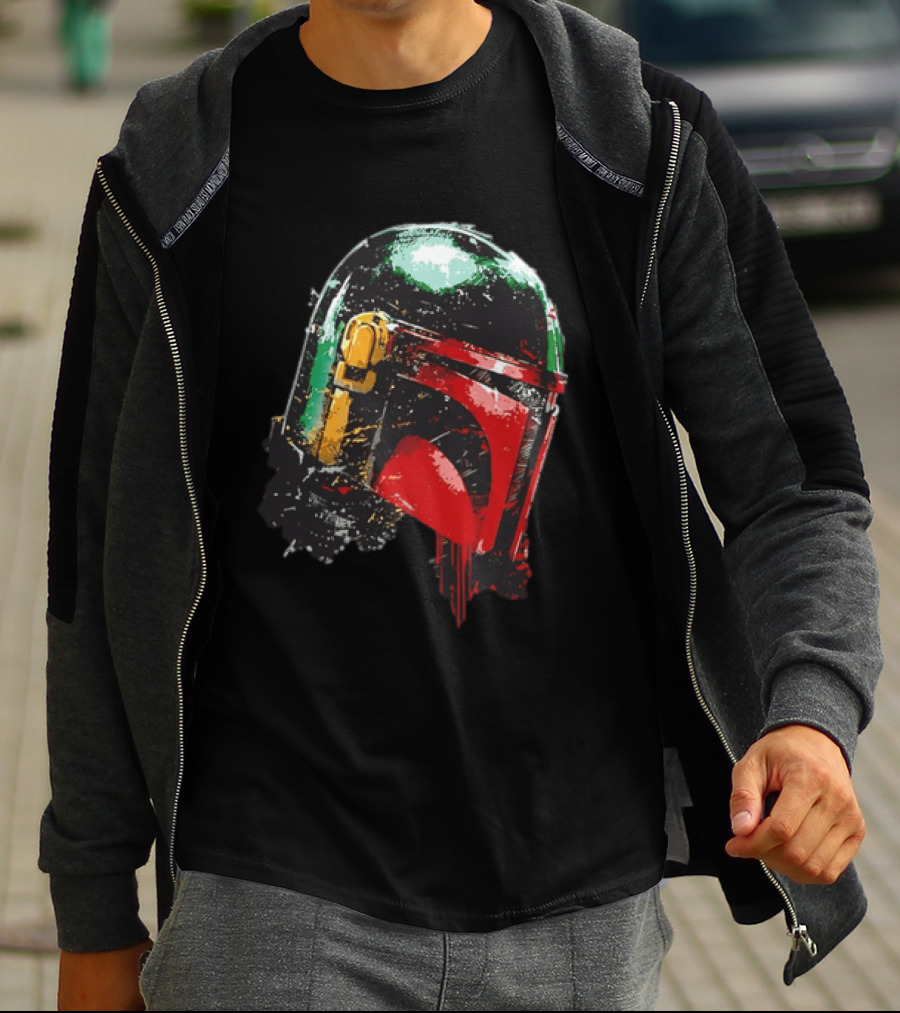 Star Wars Boba Fett Helmet Distressed Paint Splatter Drip T-Shirt