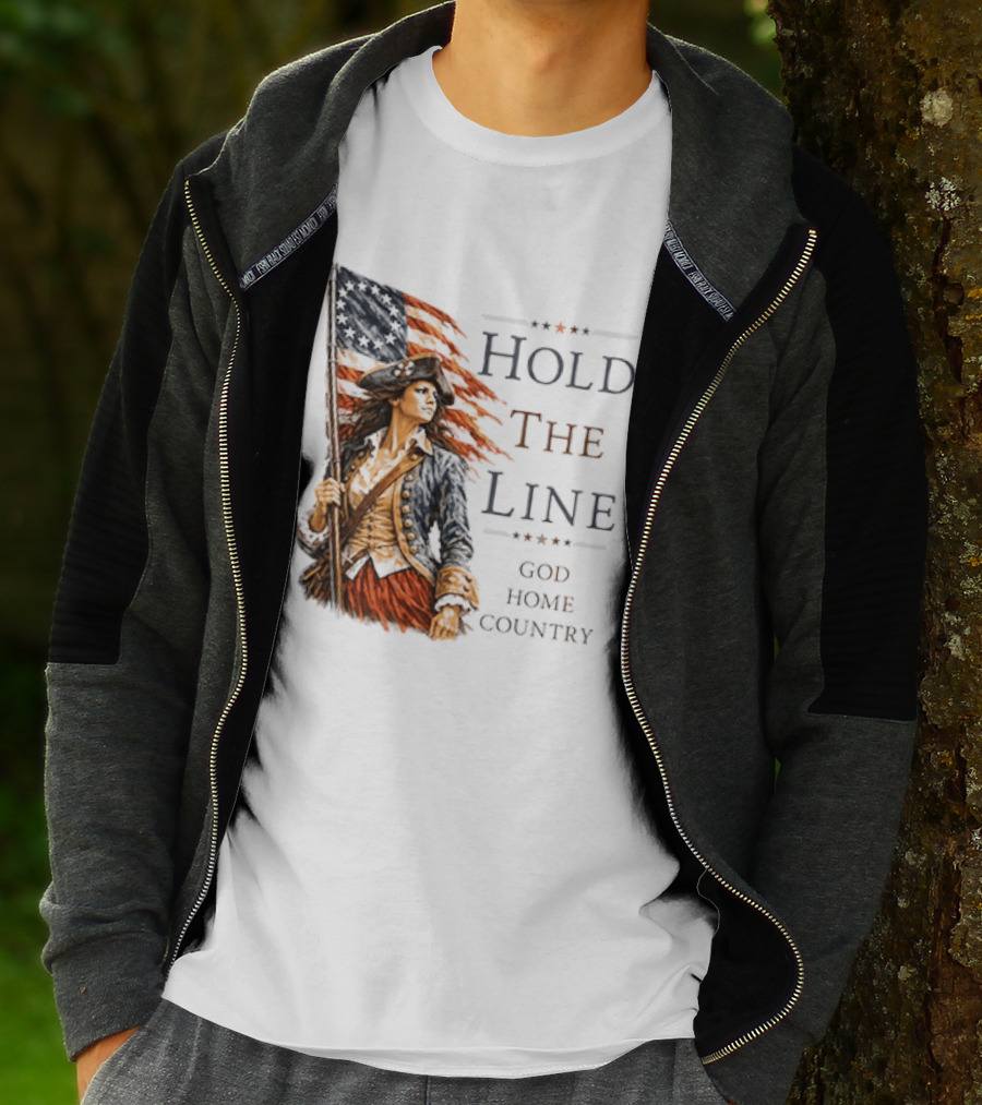 Hold The Line God Home Country Patriotic Revolutionary Woman With Flag T-Shirt