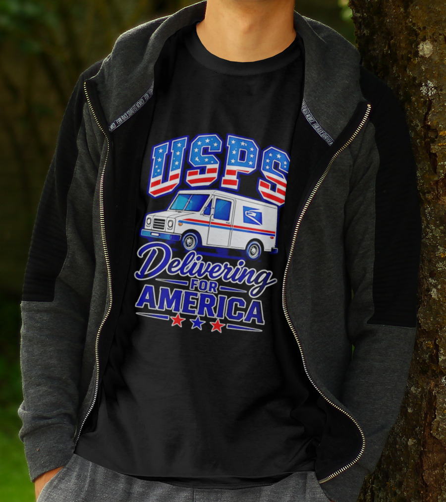 USPS Delivering For America Mail Truck Patriotic Stars And Stripes T-Shirt