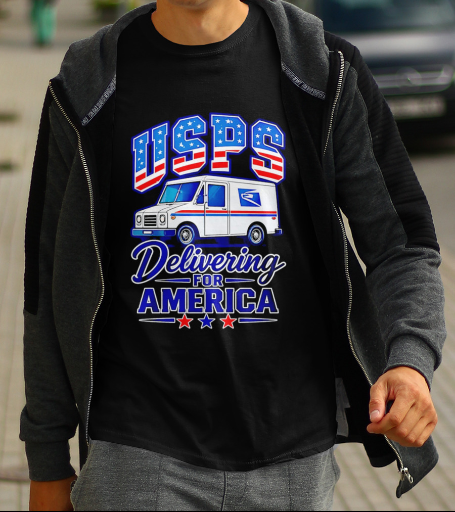 USPS Delivering For America Mail Truck Patriotic Stars And Stripes T-Shirt