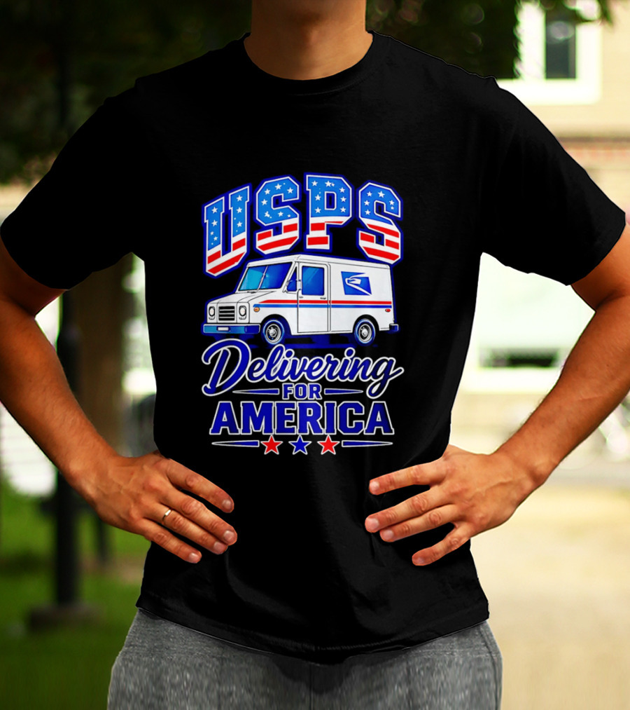USPS Delivering For America Mail Truck Patriotic Stars And Stripes T-Shirt