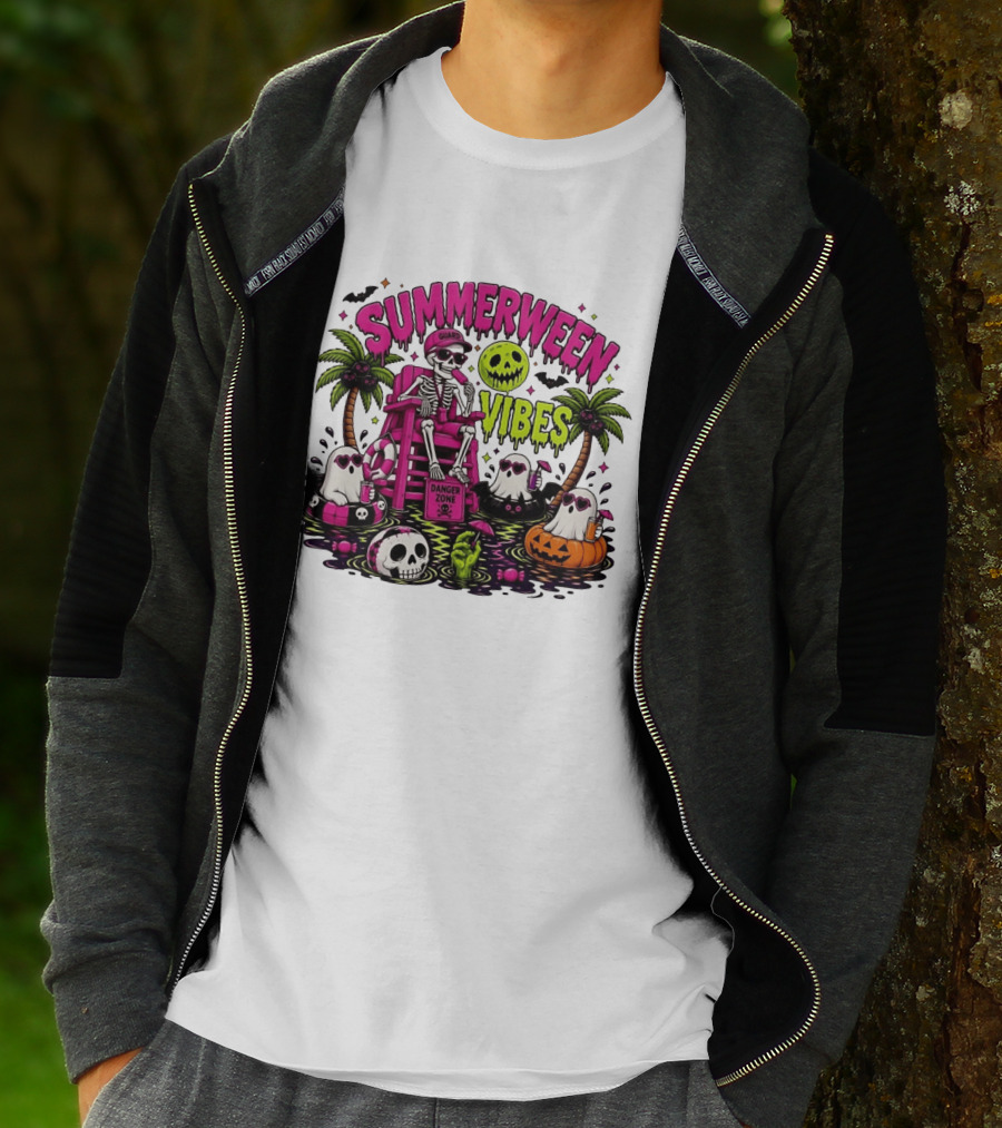 Summerween Vibes Halloween Skeleton Beach Party 2026 T-Shirt