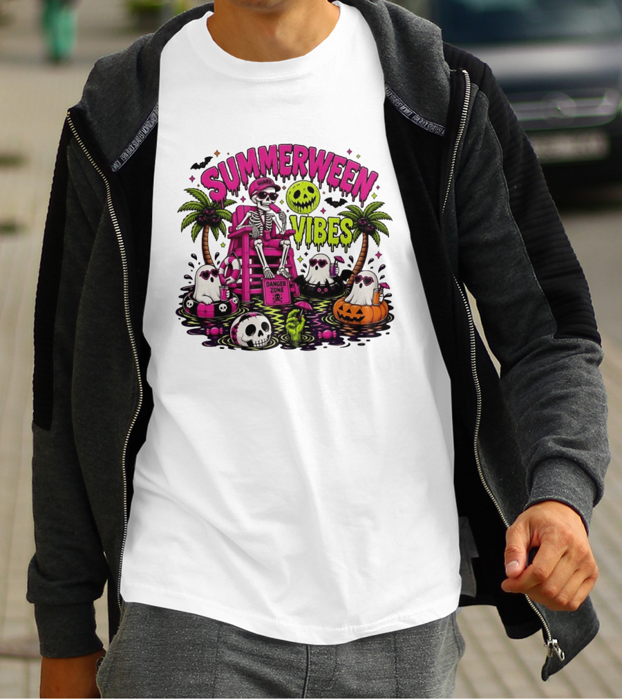 Summerween Vibes Halloween Skeleton Beach Party 2026 T-Shirt