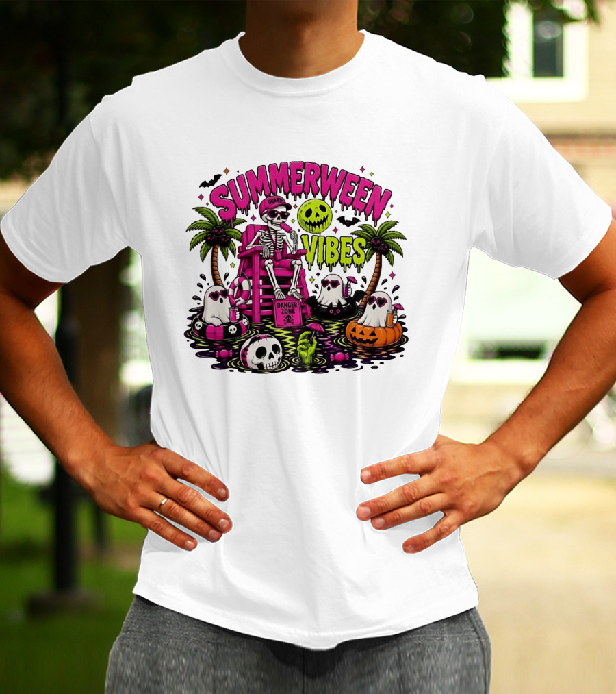 Summerween Vibes Halloween Skeleton Beach Party 2026 T-Shirt