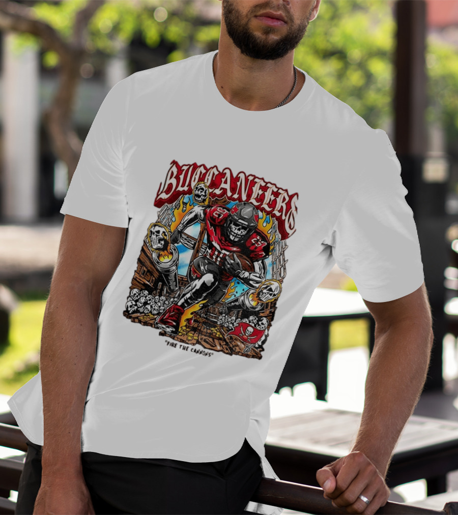 Buccaneers Fire The Cannons Skeleton Football T-Shirt