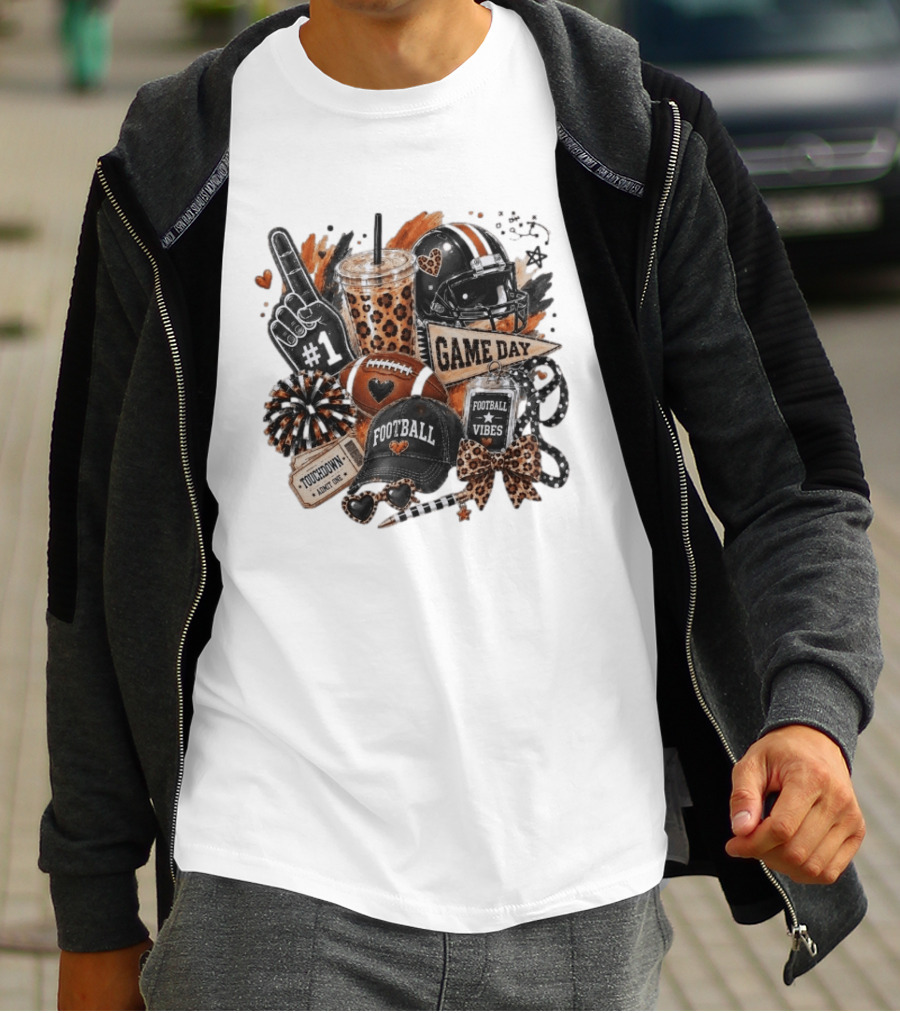 Leopard Game Day Football Touchdown Vibes #1 Fan Helmet Pom Pom Bow T-Shirt