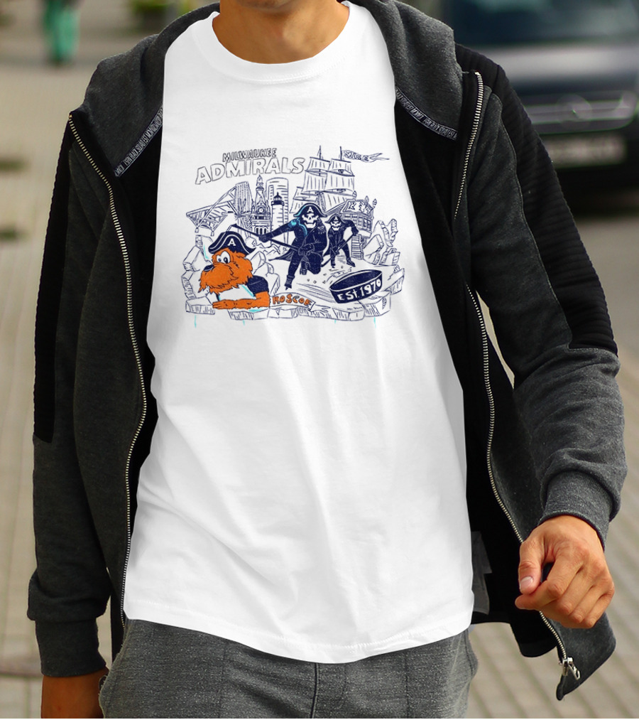 Milwaukee Admirals Roscoe Est 1970 Hockey Mascot And Cityscape T-Shirt
