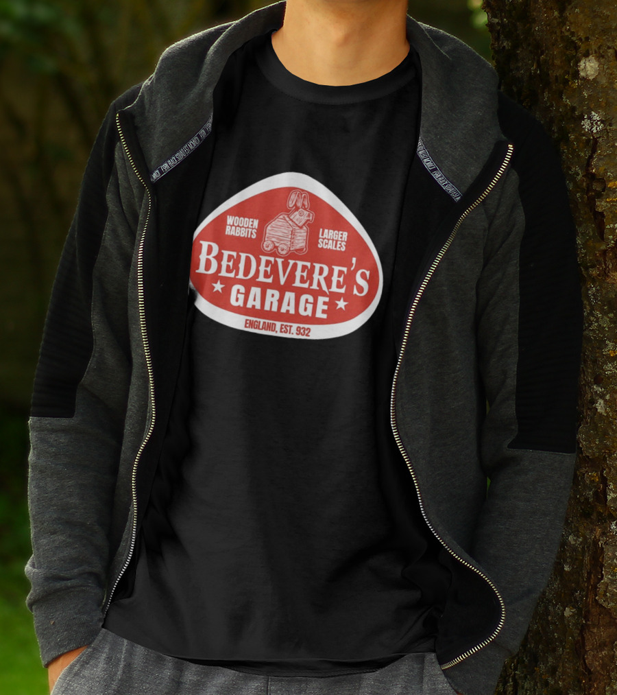 Bedevere's Garage England 932 AD Wooden Rabbits Larger Scales Monty Python T-Shirt