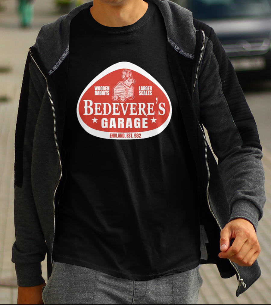 Bedevere's Garage England 932 AD Wooden Rabbits Larger Scales Monty Python T-Shirt