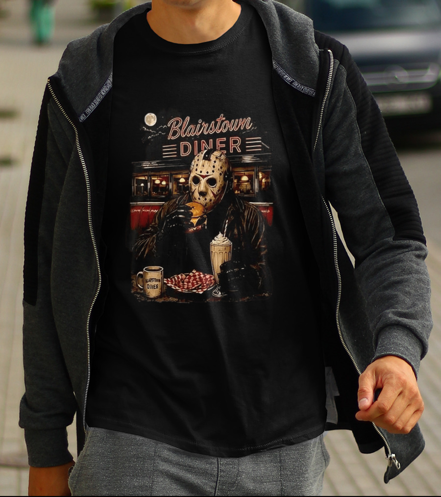 Blairstown Diner Killer Food Killer Coffee Halloween 1949 Masked Character Eating Burger And Milkshake T-Shirt