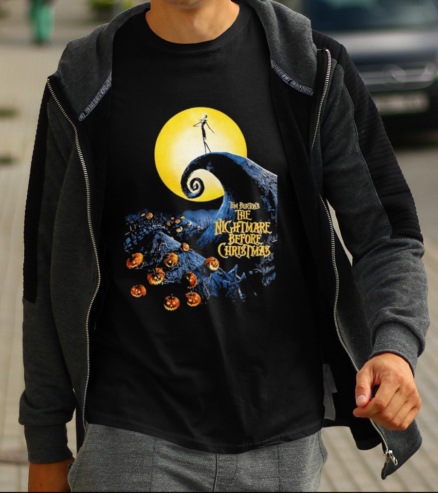 Tim Burton's The Nightmare Before Christmas Jack Skellington Moon Scene With Pumpkins T-Shirt