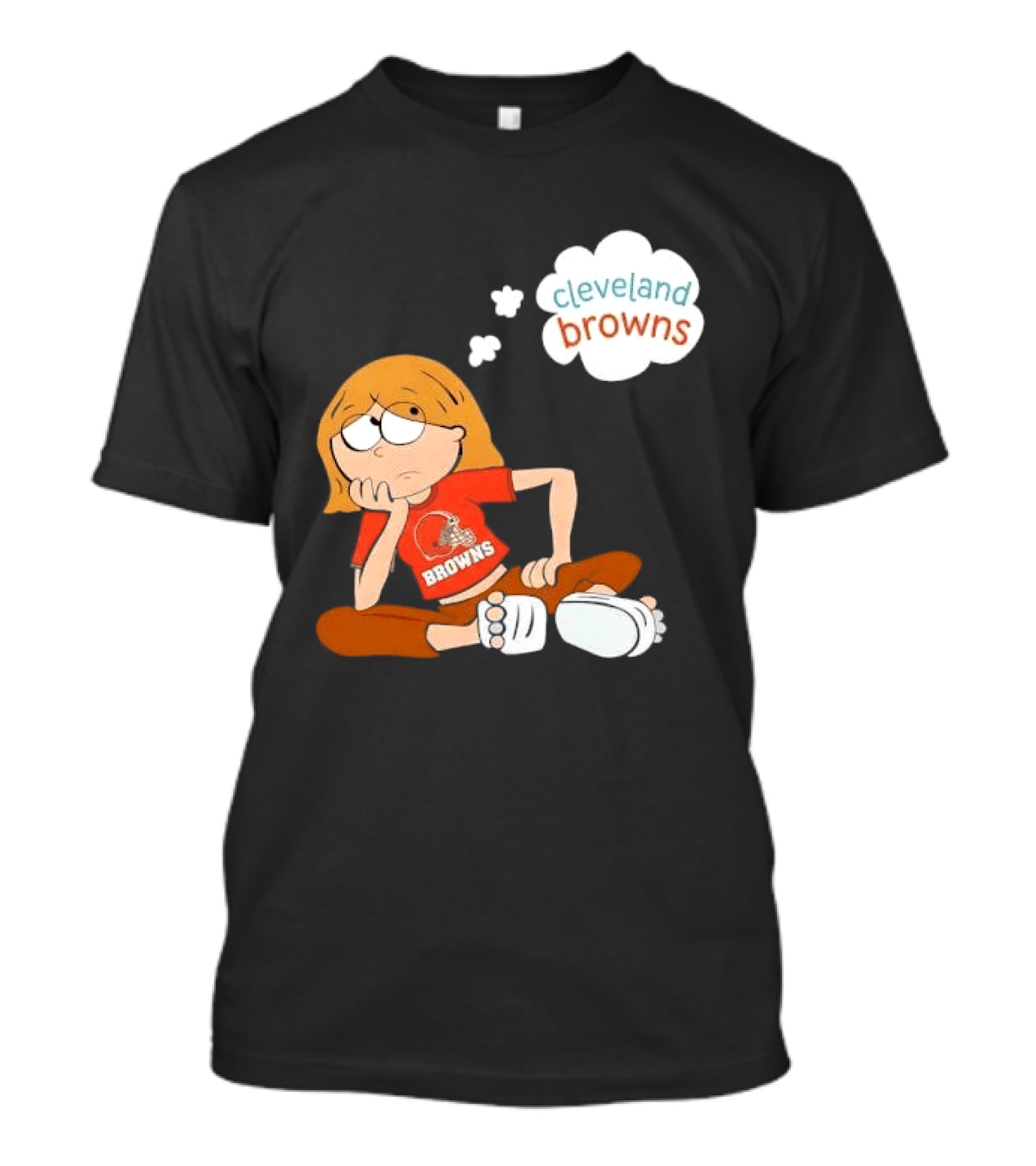 Cleveland Browns Cartoon Girl Sitting With Thought Bubble T-Shirt
