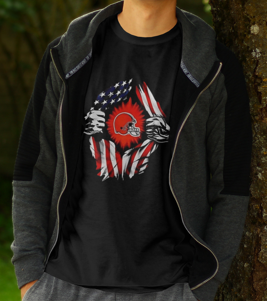 Cleveland Browns Super Man Skull Cap Backwards American Flag Ripped T-Shirt