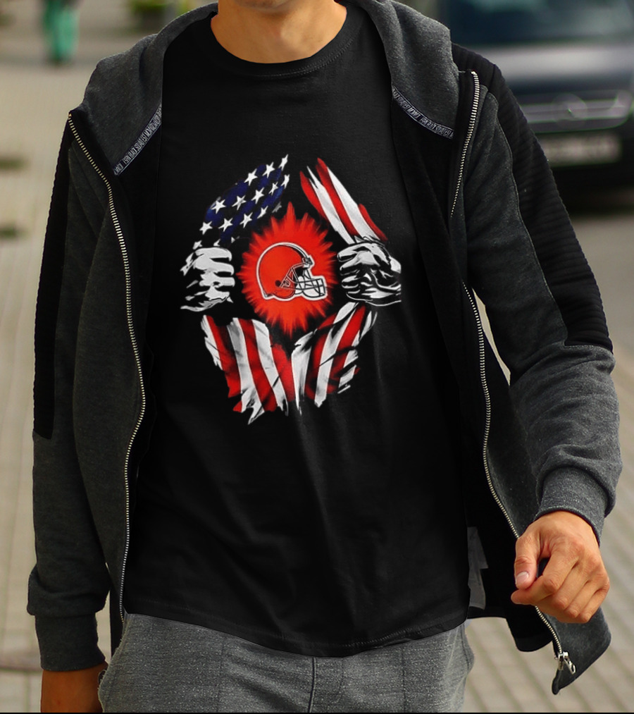 Cleveland Browns Super Man Skull Cap Backwards American Flag Ripped T-Shirt
