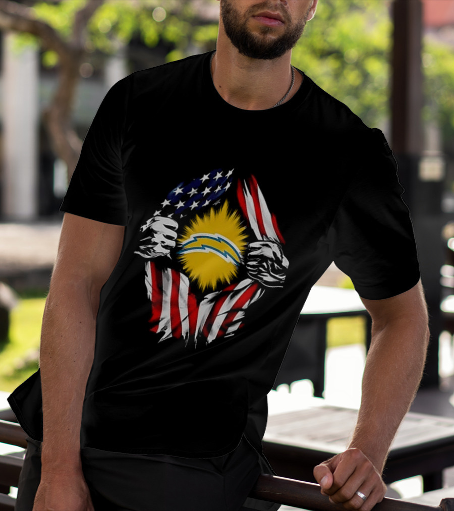 Los Angeles Chargers Superman Skull Cap Backwards USA Flag Power T-Shirt