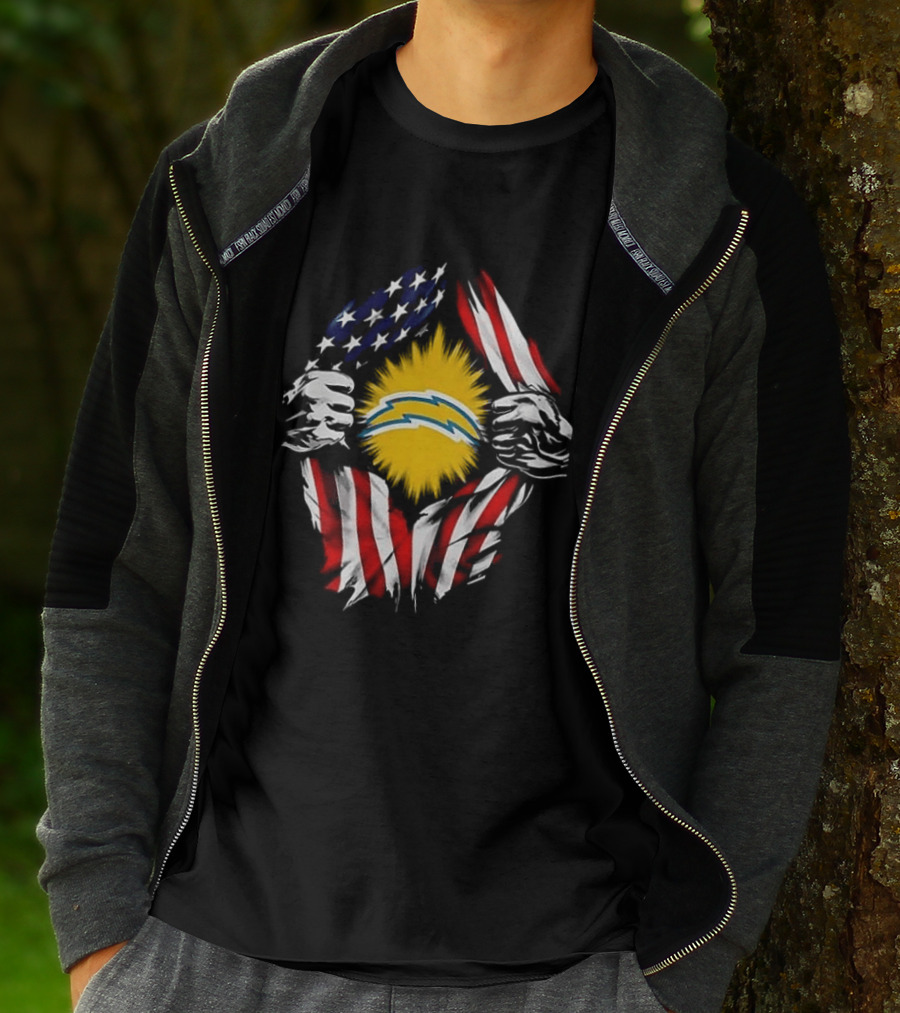 Los Angeles Chargers Superman Skull Cap Backwards USA Flag Power T-Shirt
