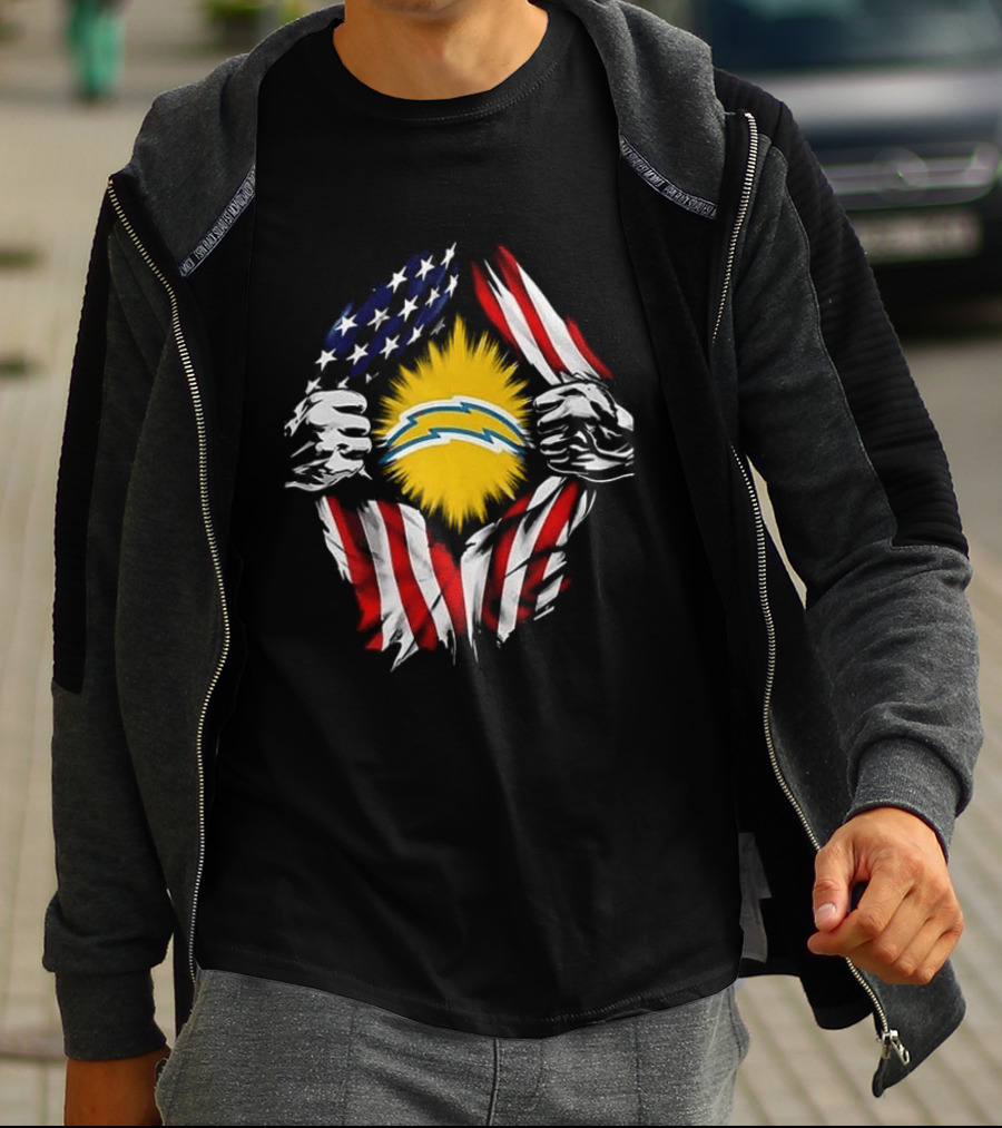 Los Angeles Chargers Superman Skull Cap Backwards USA Flag Power T-Shirt