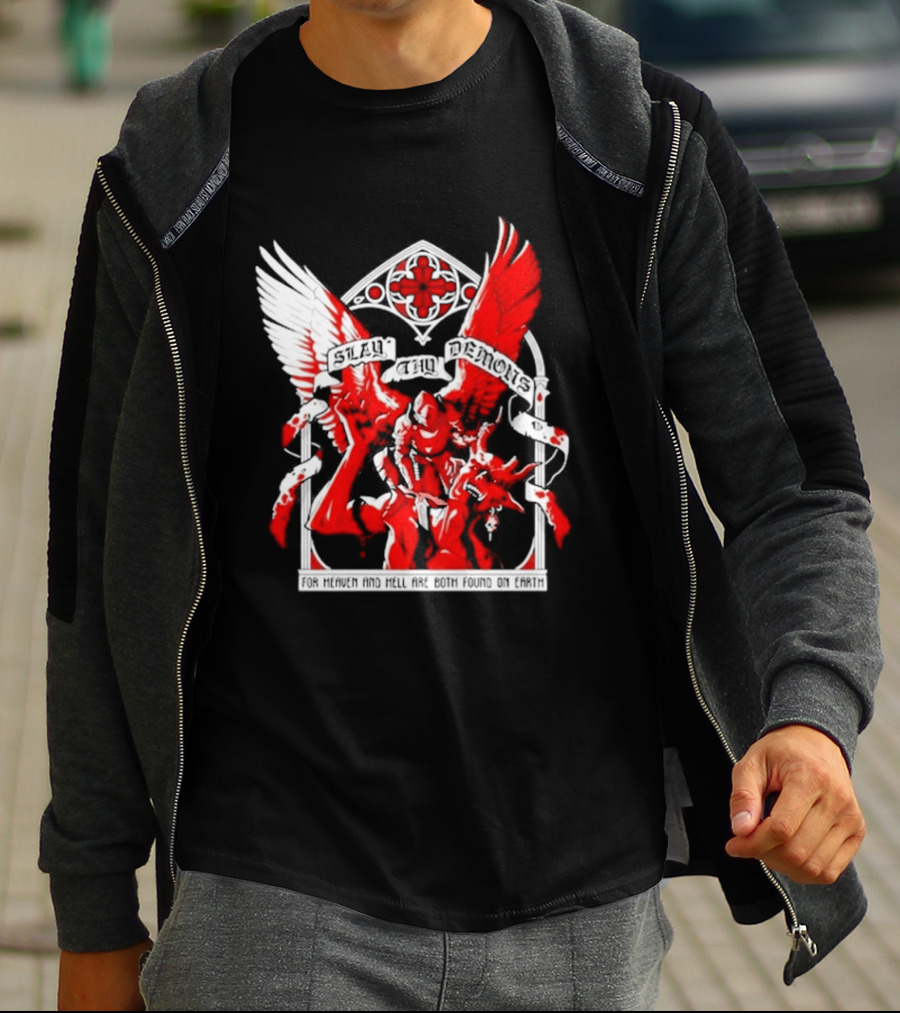 Slay Thy Demons For Heaven And Hell Are Both Found On Earth Angelic Warrior With Wings T-Shirt