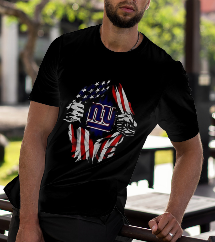 New York Giants American Flag Rip Super Man X Skull Cap Backwards T-Shirt