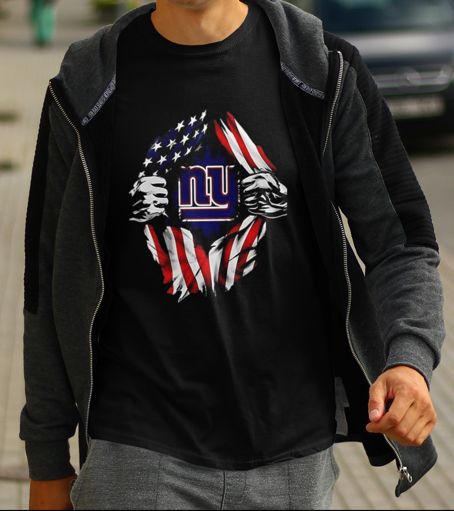 New York Giants American Flag Rip Super Man X Skull Cap Backwards T-Shirt