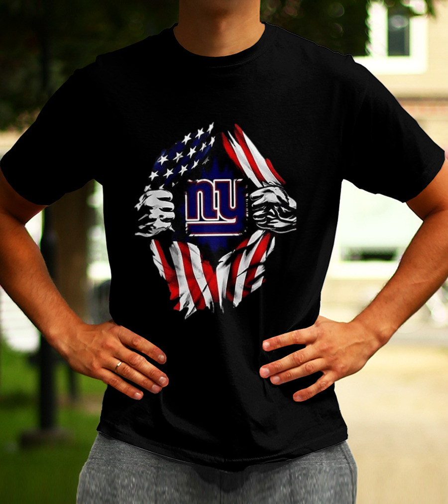 New York Giants American Flag Rip Super Man X Skull Cap Backwards T-Shirt