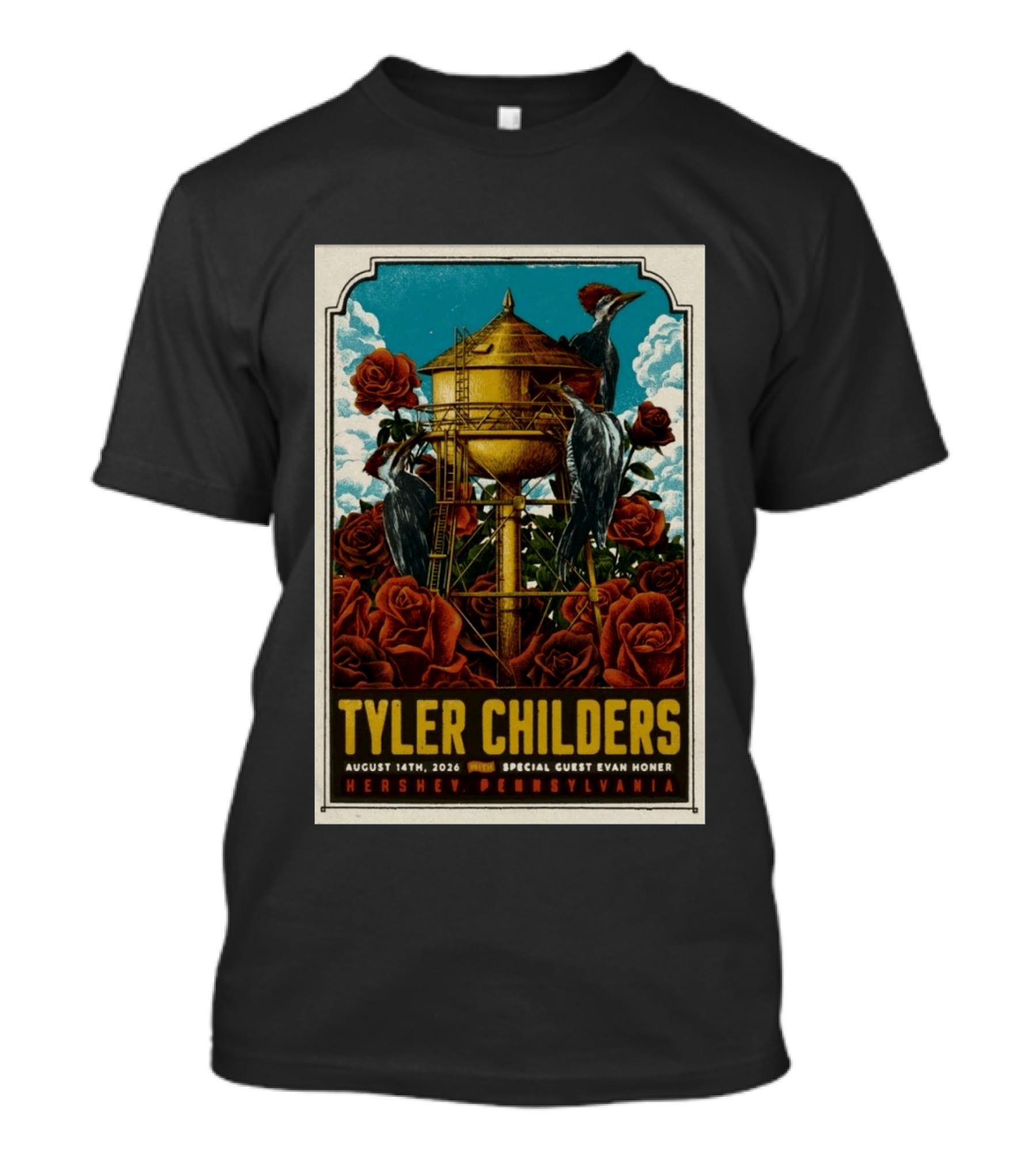 Tyler Childers August 14 2026 Hershey PA Water Tower Woodpeckers Roses T-Shirt