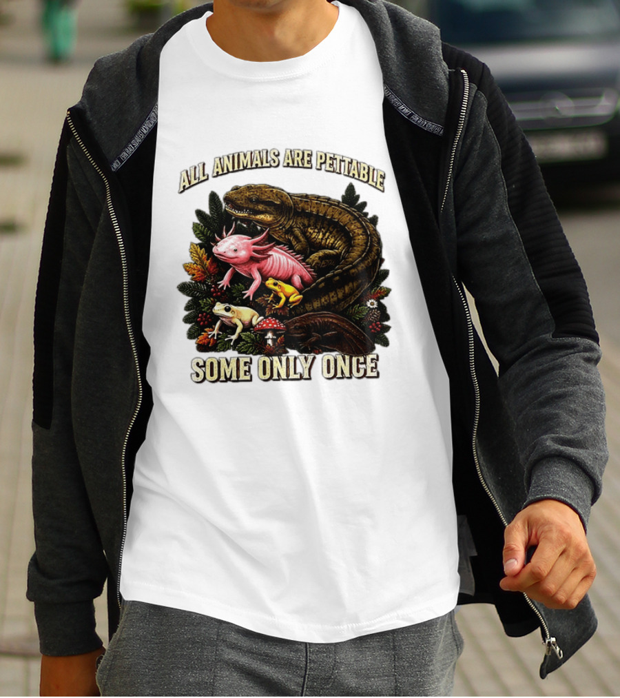 All Animals Are Pettable Some Only Once Frogs Axolotl Salamanders Mushroom Leaves T-Shirt