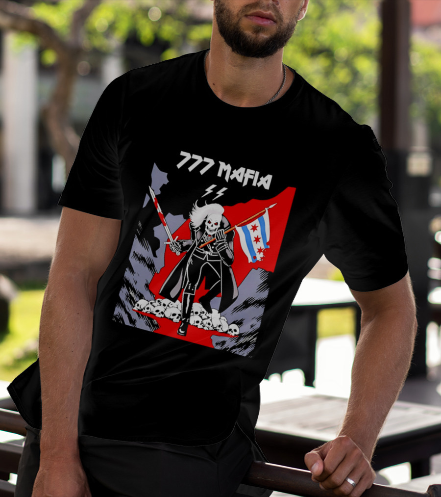 777 Mafia Chicago Flag Skeleton Skull T-Shirt