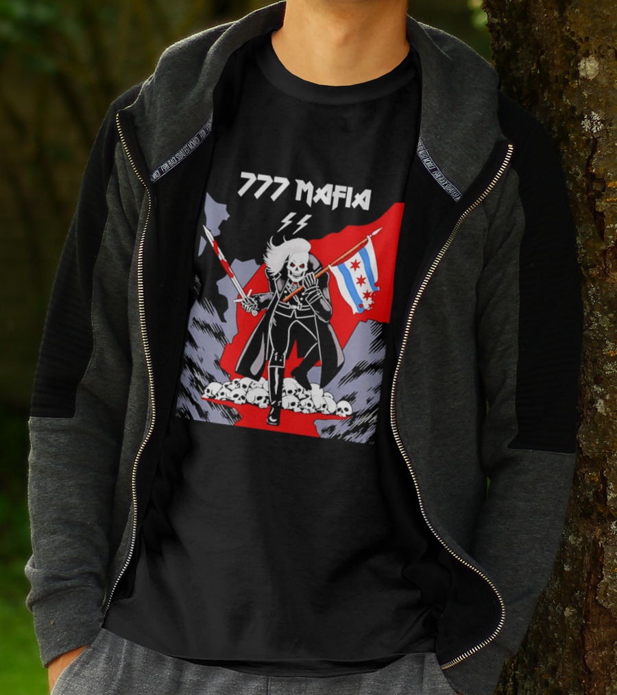 777 Mafia Chicago Flag Skeleton Skull T-Shirt
