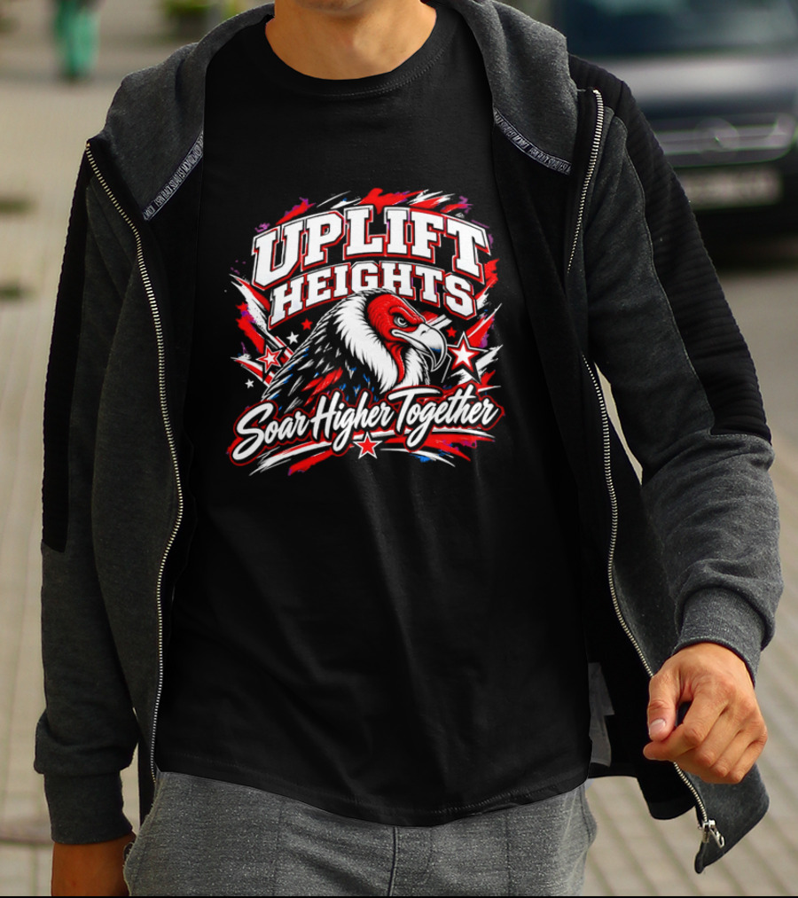 Uplift Heights Soar Higher Together Vulture Head Red Face Stars T-Shirt