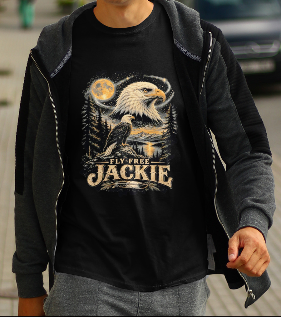 Fly Free Jackie Bald Eagle Scenic Tribute Moonlit Forest Landscape T-Shirt