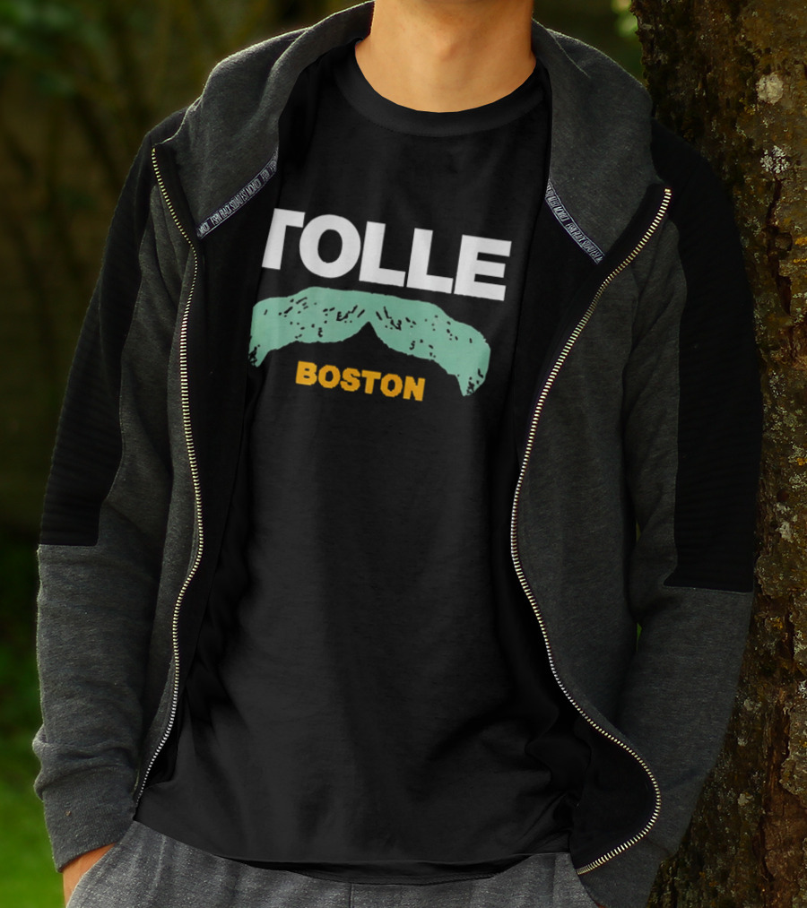 Tolle Boston White And Yellow Distressed Green Mustache T-Shirt