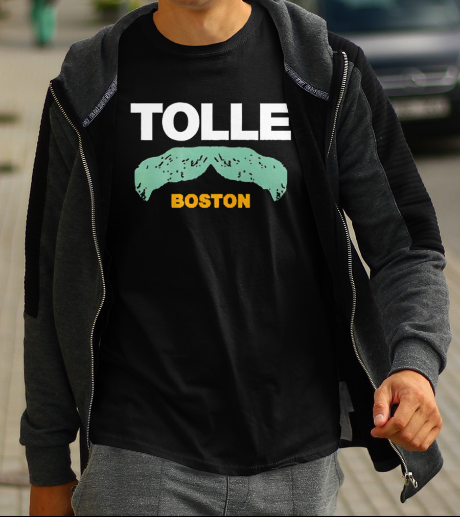 Tolle Boston White And Yellow Distressed Green Mustache T-Shirt