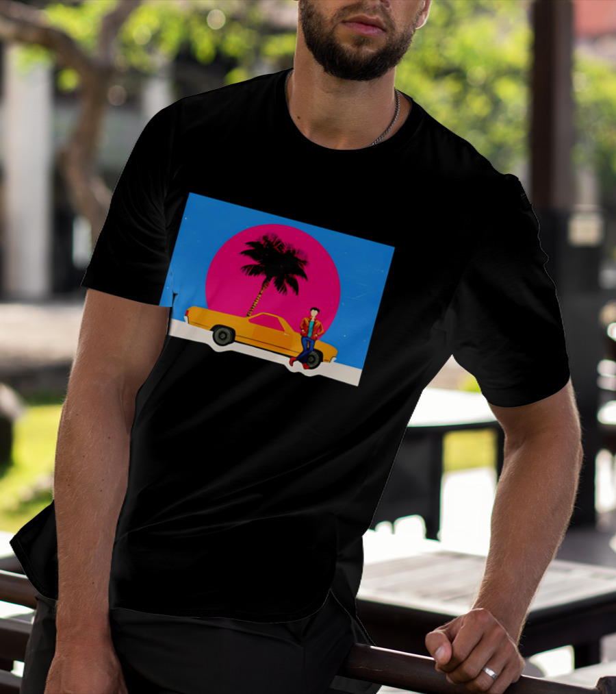 Yellow Car Palm Tree Retro Sunset Aesthetic T-Shirt