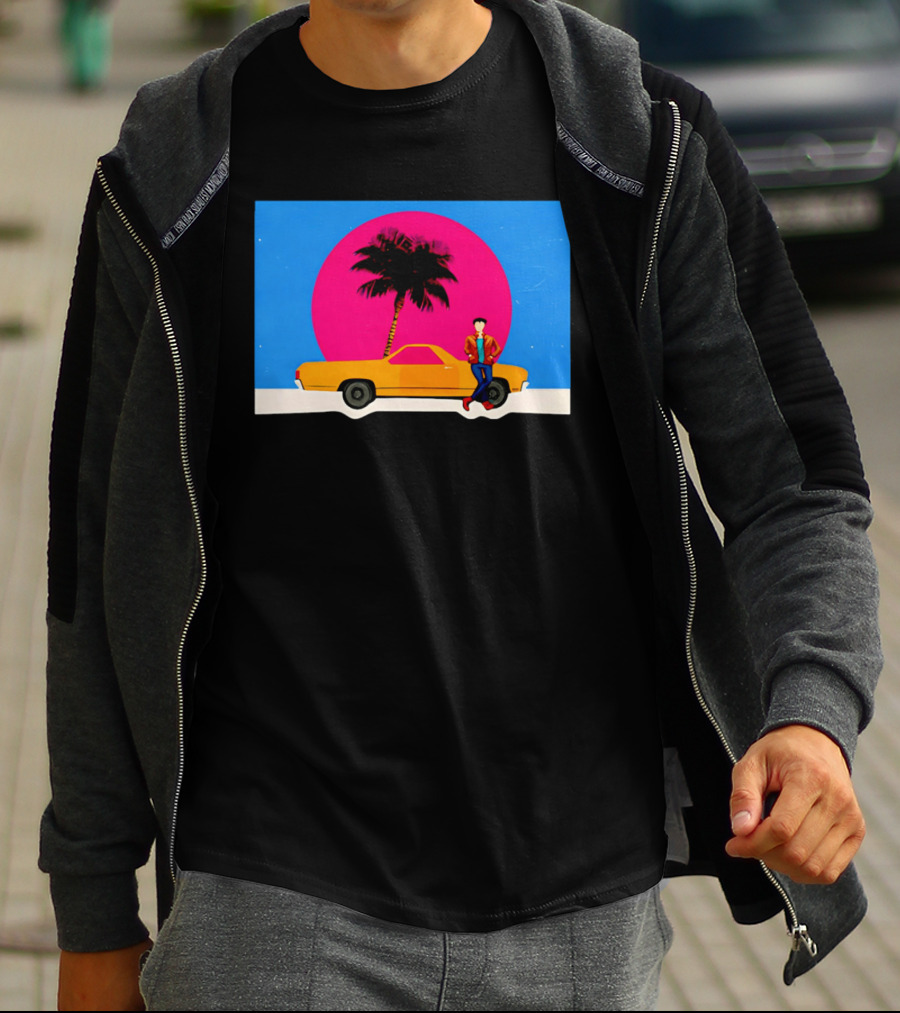 Yellow Car Palm Tree Retro Sunset Aesthetic T-Shirt