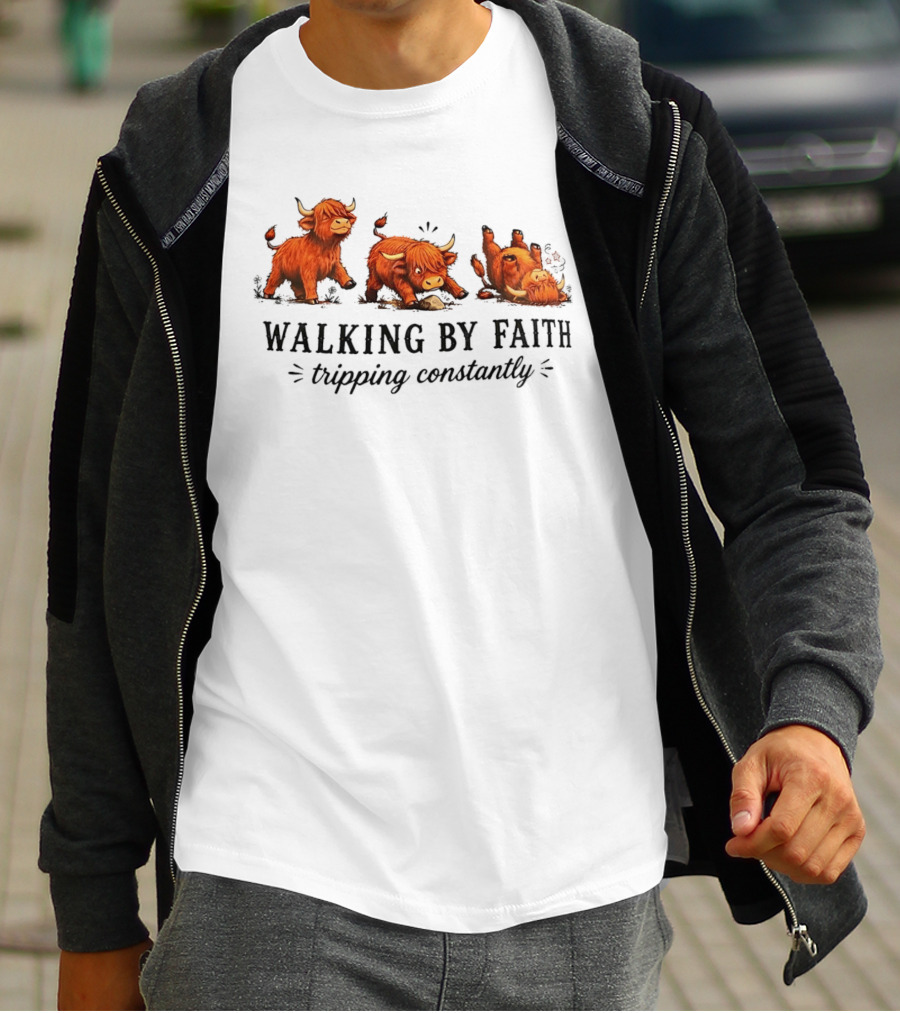 Walking By Faith Tripping Constantly Cartoon Highland Cows T-Shirt