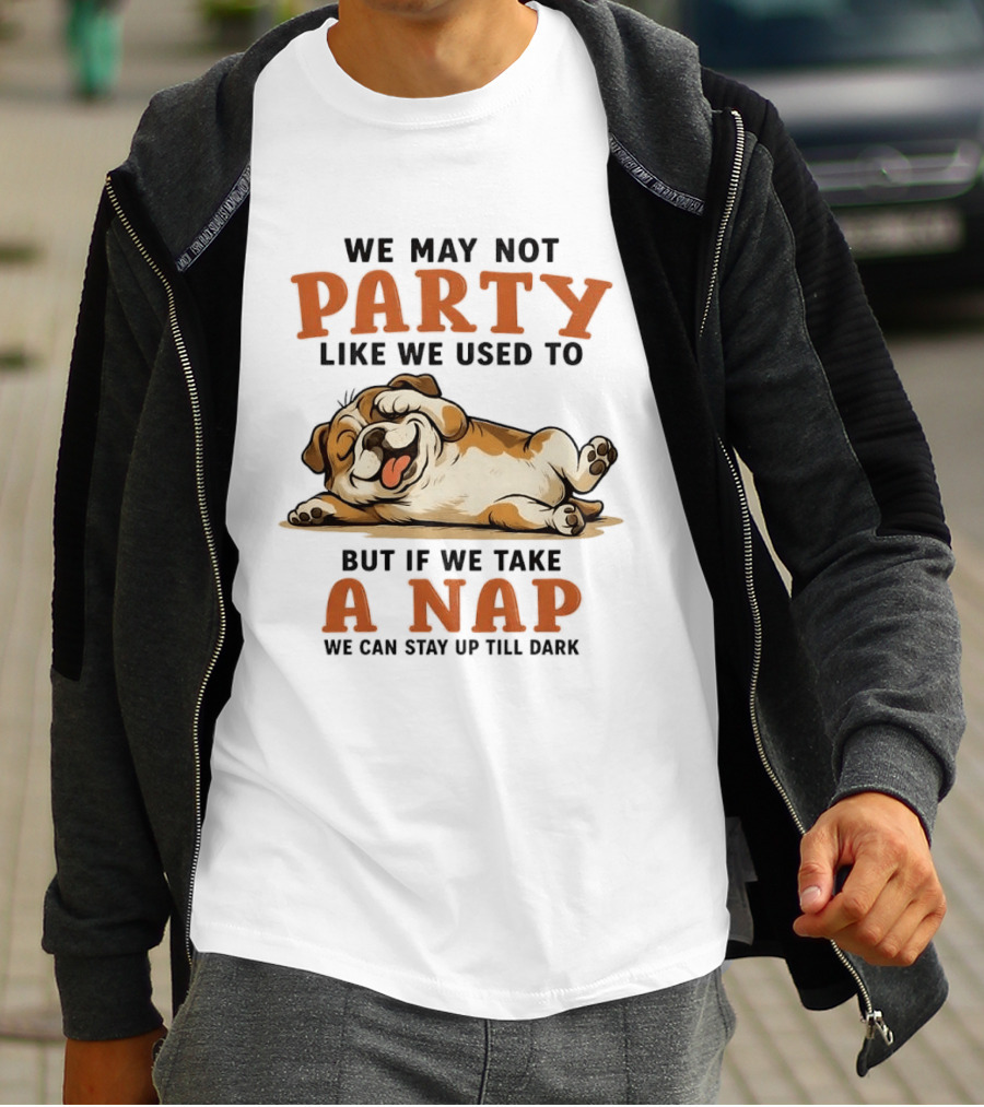 We May Not Party Like We Used To But If We Take A Nap We Can Stay Up Till Dark Cartoon Bulldog Lying Down T-Shirt