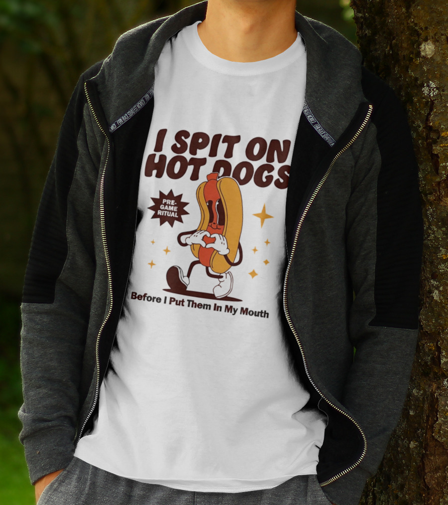 I Spit On Hot Dogs Cartoon Sausage Heart Hands Pre Game Ritual Before I Put Them In My Mouth T-Shirt
