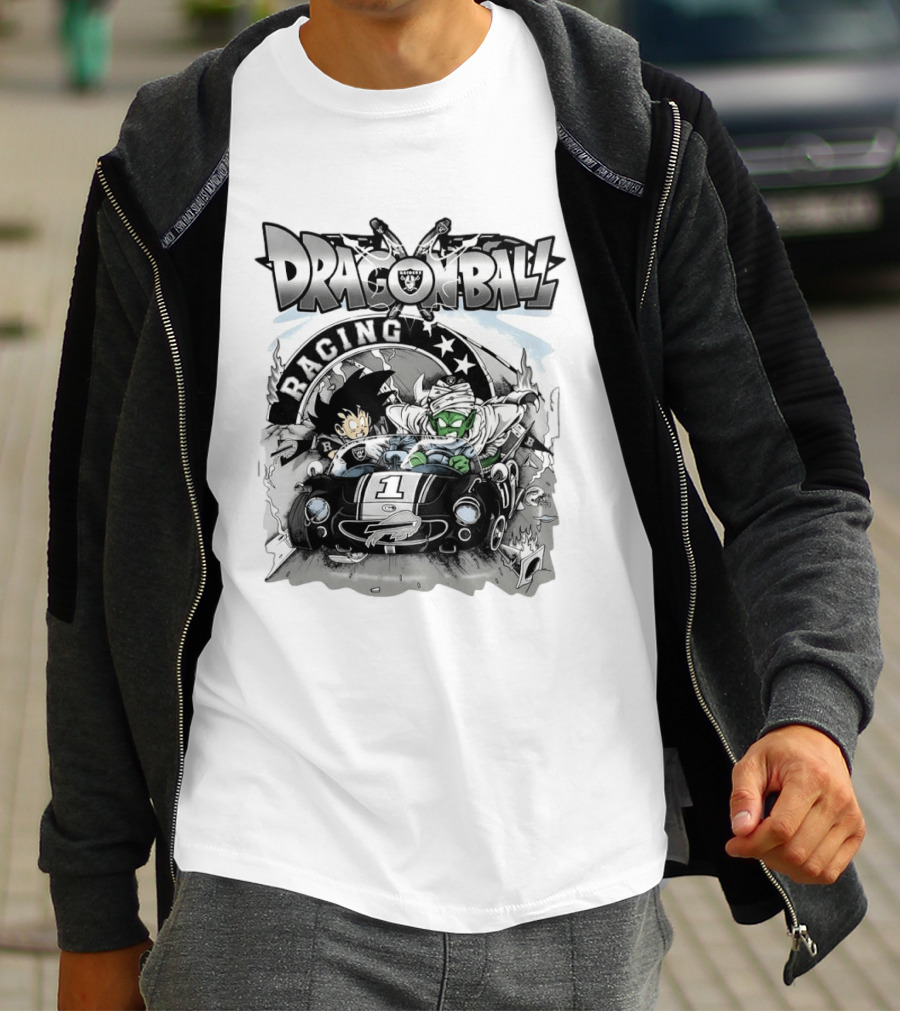 Las Vegas Raiders Dragon Ball Racing Goku Piccolo Driving Black Car Cartoon Raiders NFL T-Shirt