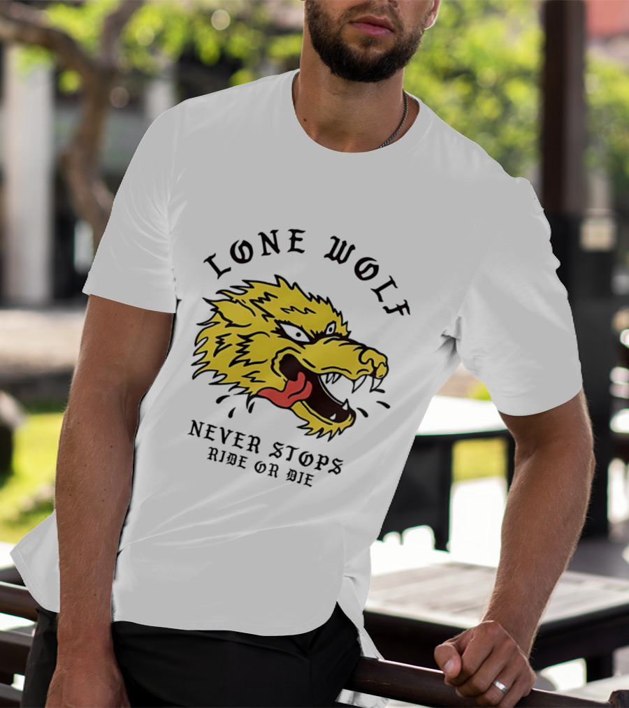 Lone Wolf Never Stops Ride Or Die Fierce Yellow Wolf Head T-Shirt