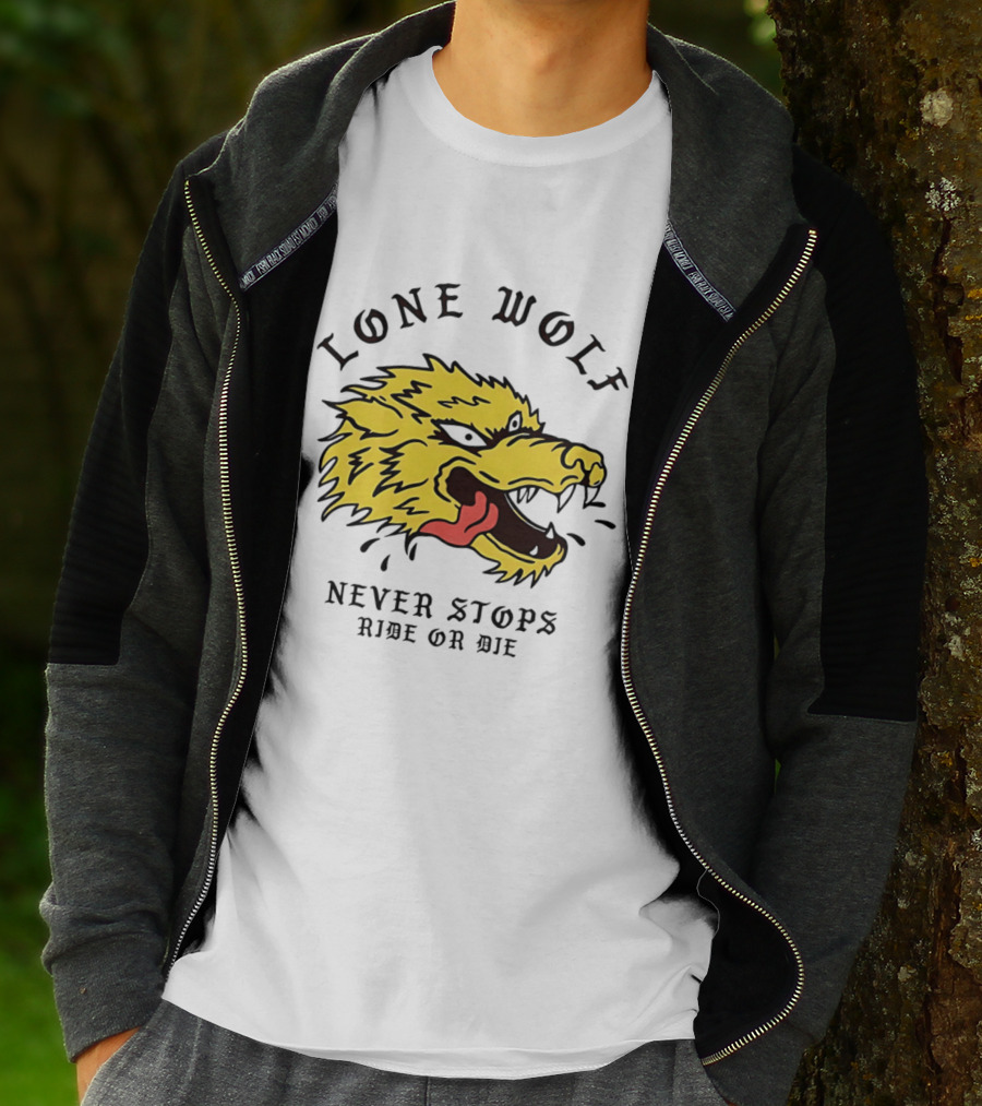 Lone Wolf Never Stops Ride Or Die Fierce Yellow Wolf Head T-Shirt
