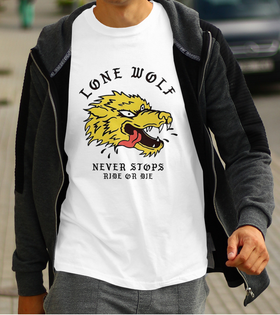 Lone Wolf Never Stops Ride Or Die Fierce Yellow Wolf Head T-Shirt